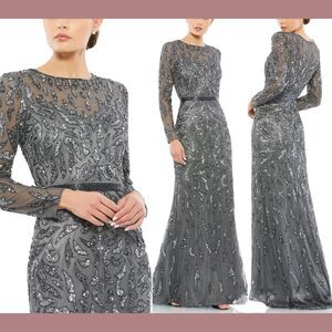 NWT $598 Mac Duggal [‎ 16 ] Beaded Long Sleeve Evening Gown in Charcoal #S1036